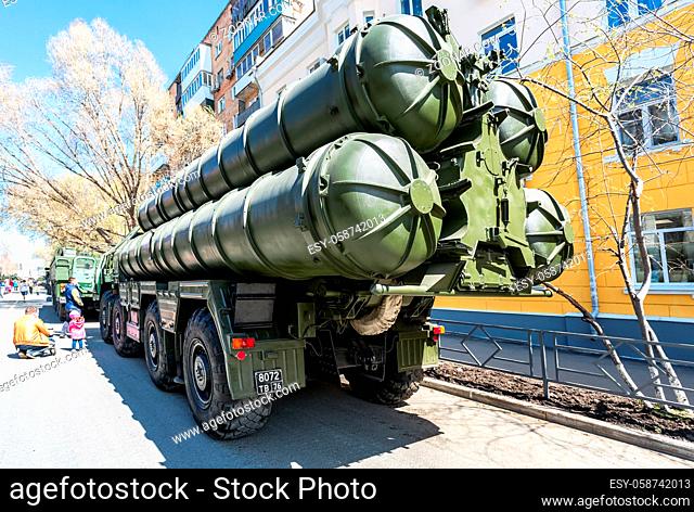 Samara, Russia - May 5, 2018: Russian anti-aircraft missile system (SAM) S-300 parked up on the city street