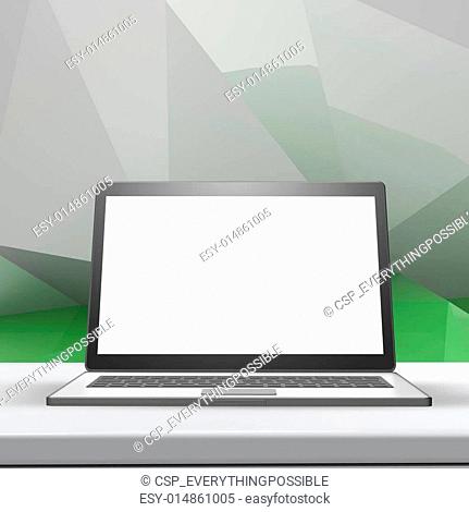 Laptop with blank screen on laminate table and low poly geometri