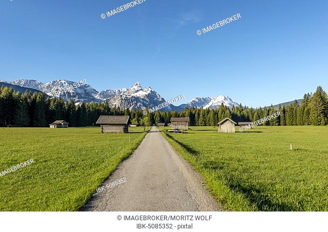 Hay barns in a meadow, Ehrwalder Sonnenspitz and mountains, near Ehrwald, Tyrol, Austria, Europe