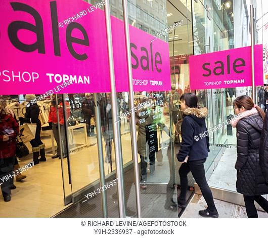 The Topshop/ Topman store on Fifth Avenue in Midtown Manhattan in New York advertises its Christmas sales on Sunday, December 21, 2014
