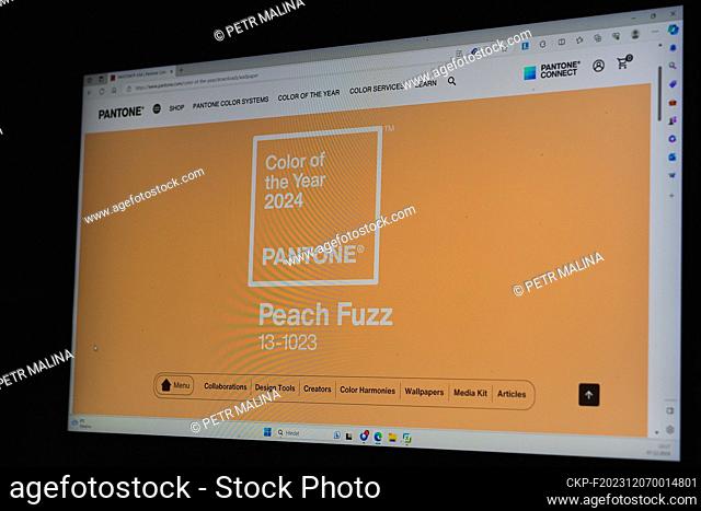 A view of the monitor after the announcement of the color of the year 2024 by Pantone. It is a juicy Peach Fuzz color according to Pantone 13-1023