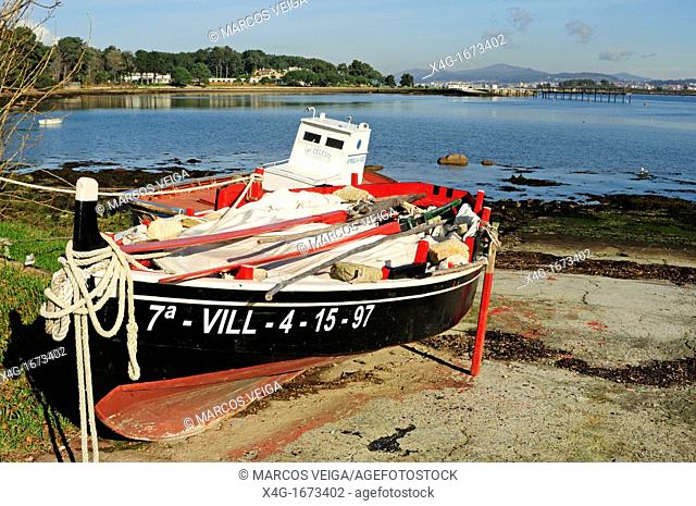 Traditional fishing boat in A Toxa island, O Grove, Galicia, Spain