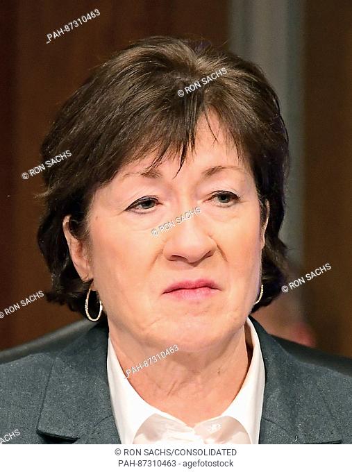 United States Senator Susan Collins (Republican of Maine), a member of the US Senate Committee on Health, Education, Labor and Pensions during the hearing...