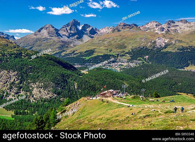 Alp Languard with mountain hut in front of the Inn Valley with St. Moritz, Pontresina, Bernina Alps, Upper Engadine, Engadine, Grisons, Switzerland, Europe