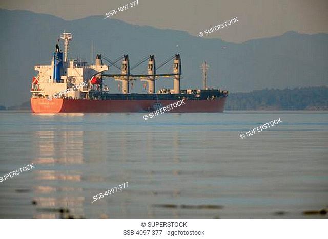 Container ship in the sea, Olympic Mountains, Strait Of Georgia, Victoria, Vancouver Island, British Columbia, Canada