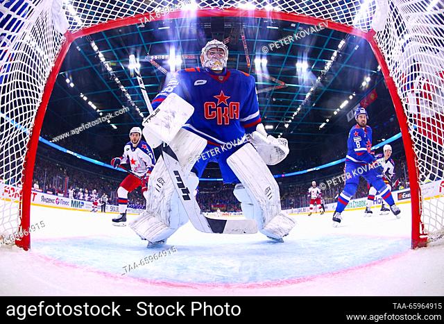 RUSSIA, ST PETERSBURG - DECEMBER 21, 2023: SKA goaltender Nikita Serebryakov defends the net in a 2023/24 KHL Regular Season ice hockey match between SKA St...
