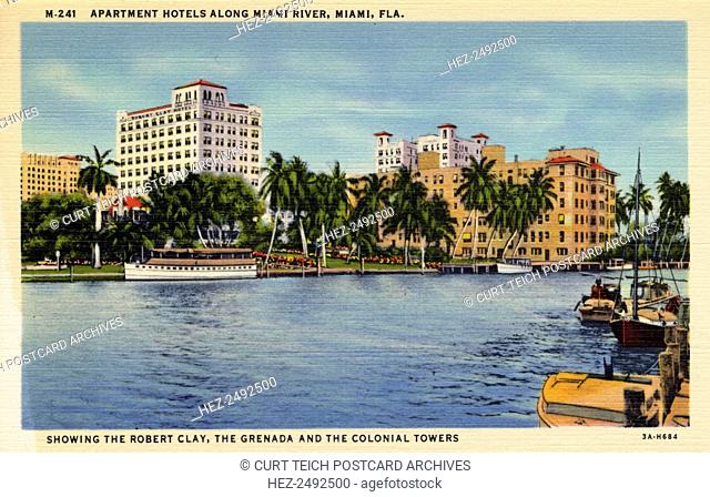 Apartment hotels along the Miami River, Miami, Florida, USA, 1933. Vintage linen postcard showing a view along the Miami River