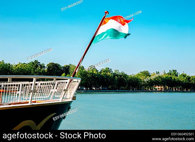lake Balaton and national flag of Hungary in Balatonfured, Hungary
