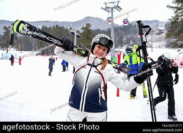 RUSSIA, ALTAI REPUBLIC - DECEMBER 2, 2023: Olympic champion in speed skating Svetlana Zhurova at the opening of an alpine skiing season at the Manzherok...