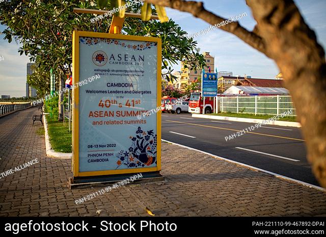 10 November 2022, Cambodia, Phnom Penh: A billboard welcomes heads of state and delegates to the 40th and 41st Asean Summits