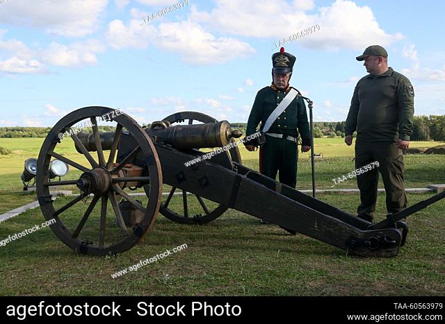 RUSSIA, MOSCOW REGION - JULY 20, 2023: A cannon from 1812 is seen before a regional stage of the Zarnitsa 2.0 military-patriotic sports game held with support...