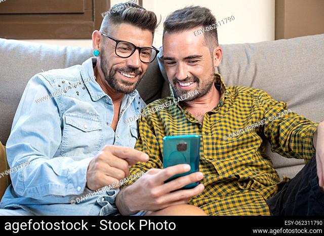 Gay Couple sitting in the sofa At Home Making Video Call On Mobile Phone. High quality photography