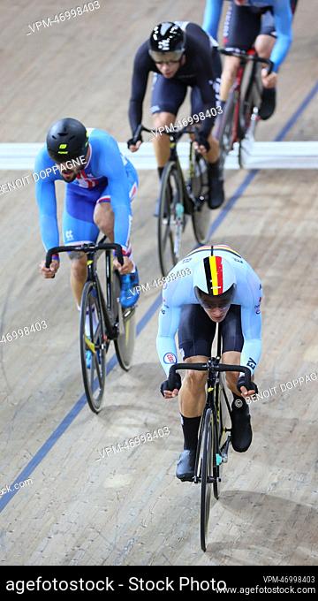 Belgian Tuur Dens pictured in action during the men's scratch race track cycling event at the 2022 world championships track cycling in...