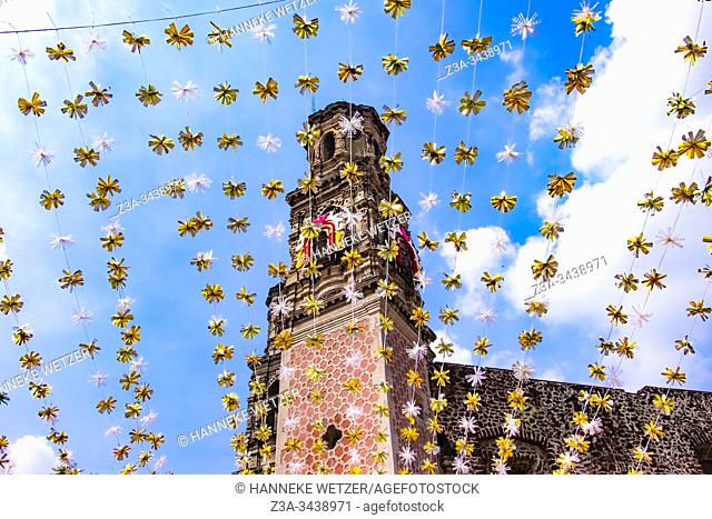 Festivity ornaments outside the church of Valladolid during Revolution Day Memorial, Mexico City, Federal District, Mexico
