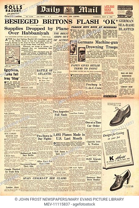 1941 front page Daily Mail British Forces battle rebels in Iraq and end of evacuation of Imperial Forces from Greece