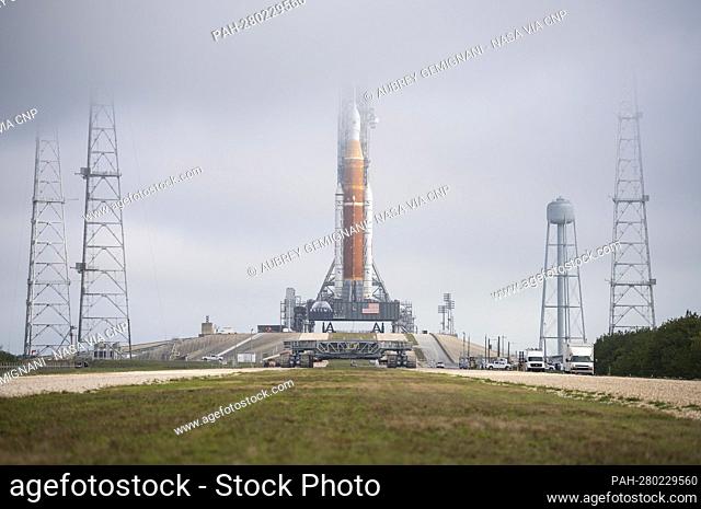 NASA’s Space Launch System (SLS) rocket with the Orion spacecraft aboard is seen atop a mobile launcher at Launch Complex 39B, Friday, March 18, 2022