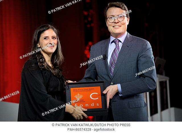 Prince Constantijn of The Netherlands (R) with winner Bahia Shehab attend the award ceremony of the Prince Claus Prize 2016 in the Royal Palace in Amsterdam