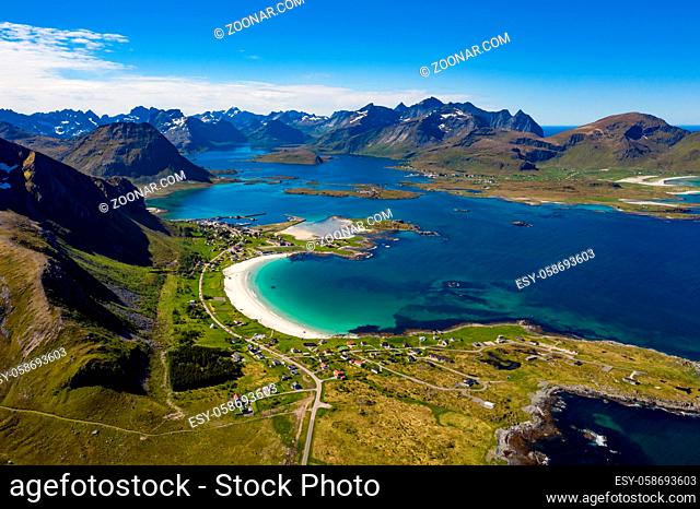Panorama Beach Lofoten islands is an archipelago in the county of Nordland, Norway. Is known for a distinctive scenery with dramatic mountains and peaks