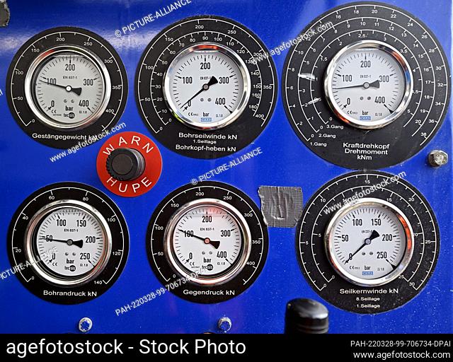 28 March 2022, Thuringia, Worbis: The instrument panel on the drilling rig for a deep well to explore the potash deposit under the Ohm Mountains on the northern...