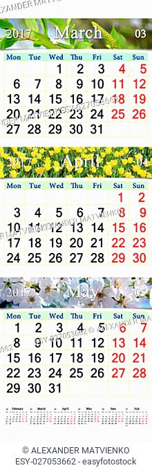 wall calendar for three months of spring March April and May 2017 with images of nature