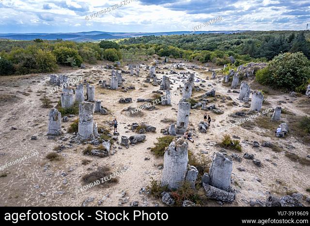 Aerial view of Pobiti Kamani - Planted stones also called Stone Desert, desert-like rock phenomenon in Varna Province of Bulgaria