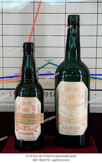 Old Akvavit bottles, Aalborg Akvavit spirits factory, Aalborg, North Jutland, Denmark, Europe