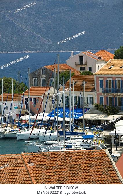 Greece, Ionic islands, island kefalonia, Fiskardo, locality perspective, harbor, Europe, Mediterranean-island, village, fisher-village, houses, buildings
