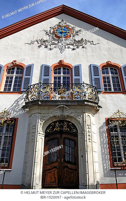Ornamental facade at the entrance of Castle Buergeln with clock and balcony, built by Franz Anton Bagnato in 1762, early Classicism style, Schliengen