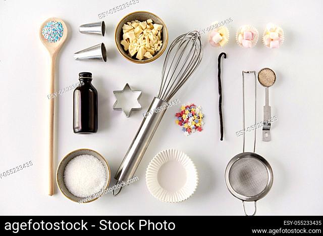 cooking ingredients and kitchen tools for baking