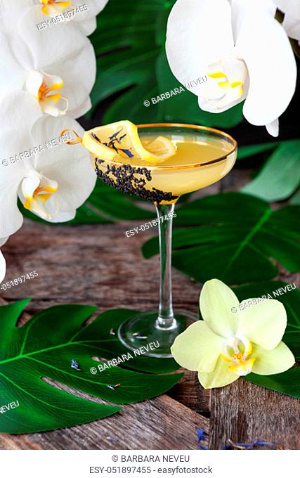 Elegant, exotic cocktail with lush fresh orchids