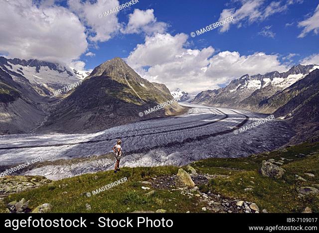 Hiking along the Great Aletsch Glacier, Valais, Switzerland, Europe