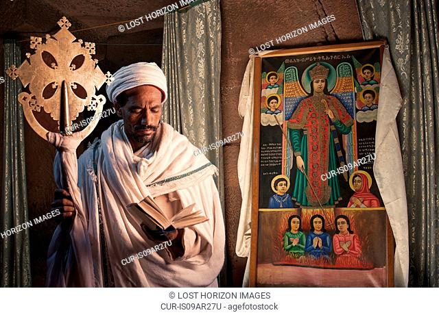 Portrait of priest in church of Ura Kedane Meheriet, Zege Peninsula, Lake Tana, Ethiopia, Africa