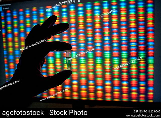 Hand holding a tube of DNA samples in front of a picture of a genome