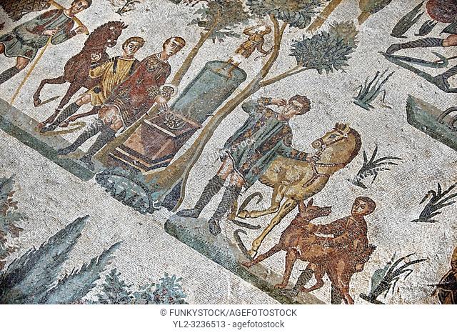 Hunters making an offering at an altar. Roman mosaic floor of the Room of The Small Hunt, no 25 - Roman mosaics at the Villa Romana del Casale