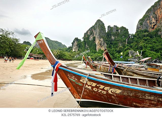 Longtail boats at West Railay beach. Krabi Province, Thailand