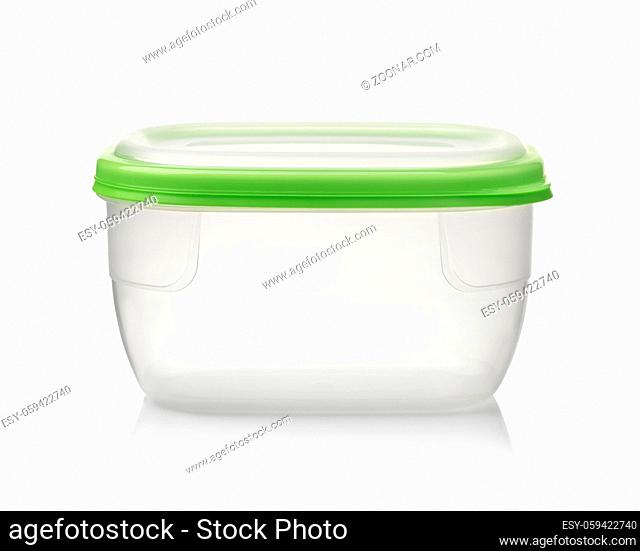 Front view of food plastic storage container with green lid isolated on white