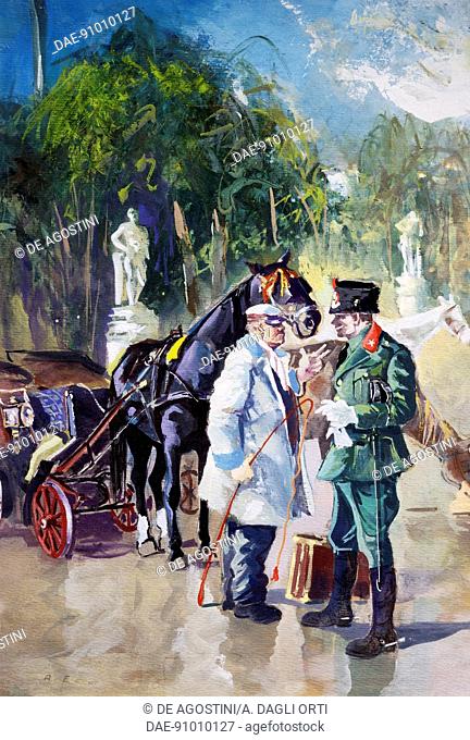 Travelling by horse, watercolour, Aniello Eco (1919-2000).  Pinerolo, Museo Storico Dell'Arma Di Cavalleria (Troops Museum)