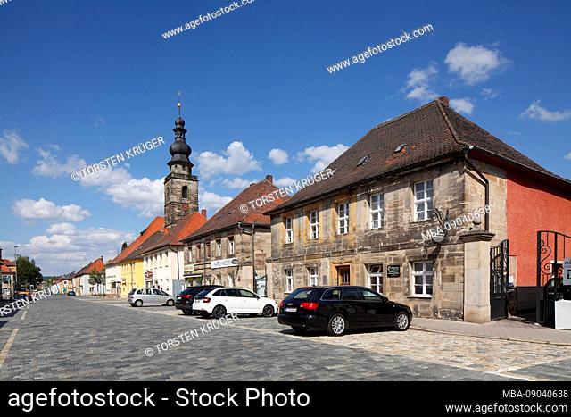 Historic row of houses with religious church in the district of St. Georgen, Bayreuth, Upper Franconia, Franconia, Bavaria, Germany, Europe