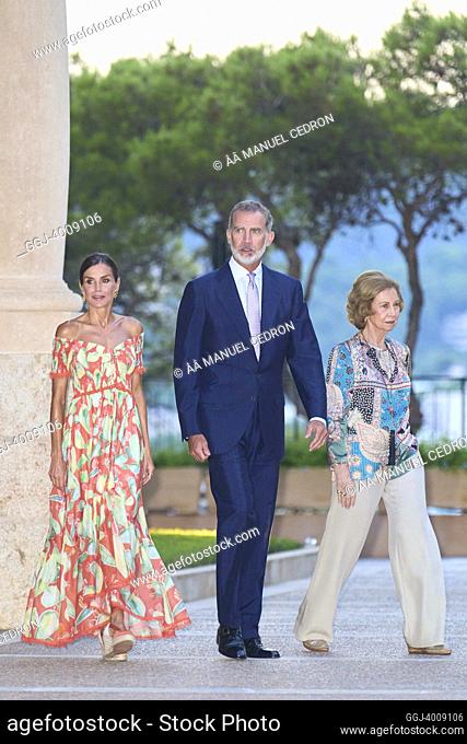 King Felipe VI of Spain, Queen Letizia of Spain, The former Queen Sofia attends A Reception to the Authorities at Marivent Palace on August 4, 2022 in Palma