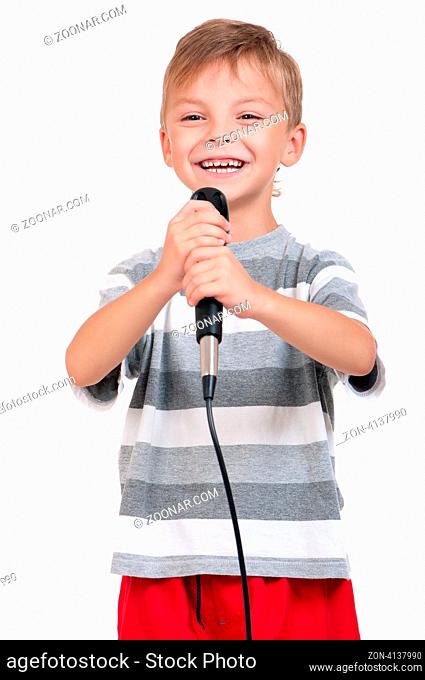 Little boy with microphone - isolated on white background