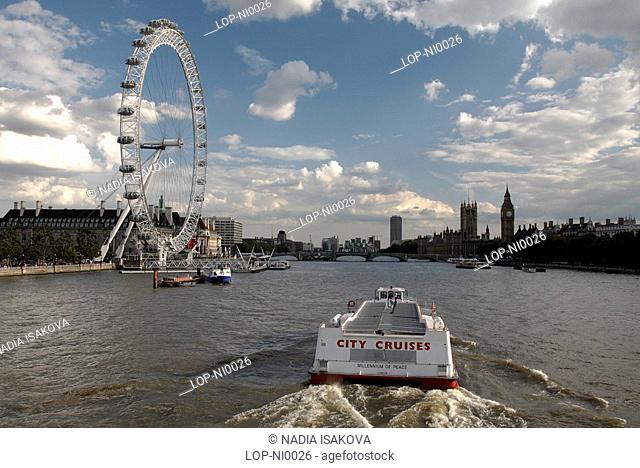 England, London, London, A view up the River Thames towards the Palace of Westminster and the London Eye