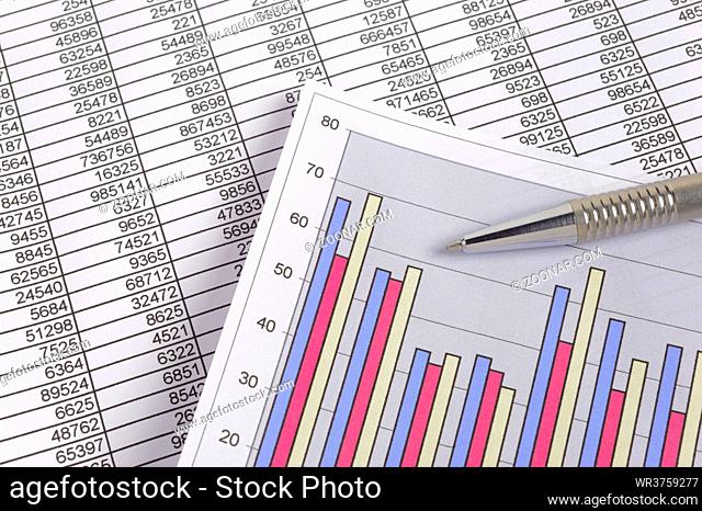 financial chart with bars and table sheet