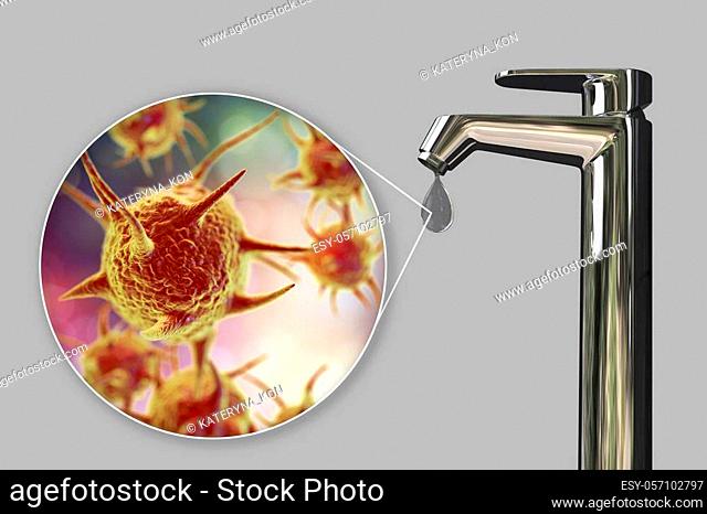 Safety of drinking water concept, 3D illustration showing parasitic microorganisms contaminating drinking water