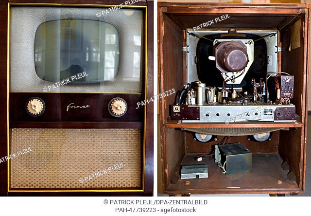 (COMBO) The composite picture shows the front (L) and the interior of the TV 'Format' from the GDR (German Democratic Republic) in the exhibition '5 out of 35'...