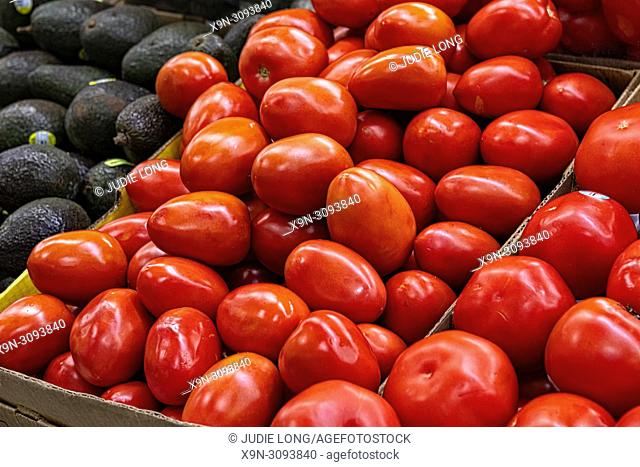 Plum Tomatoes, Piled in a Cardboard Box, Displayed and Offered for Sale in a NYC Supermarket