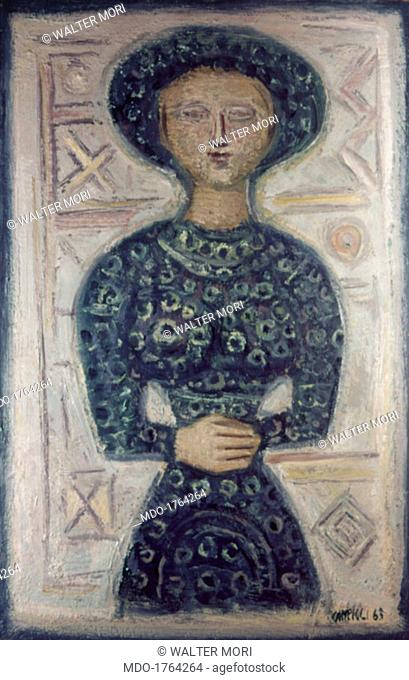 Woman in green (Donna in verde), by Massimo Campigli, 1963, 20th Century, oil on canvas, 92 x 60 cm. Private collection. Whole artwork view