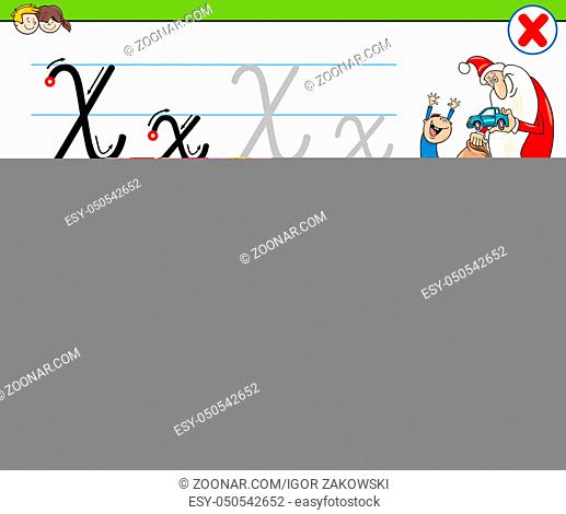 Cartoon Illustration of Writing Skills Practice with Letter X Worksheet for Preschool and Elementary Age Children