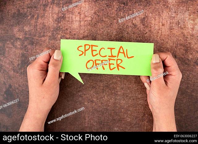 Text sign showing Special Offer, Internet Concept Selling at a lower or discounted price Bargain with Freebies