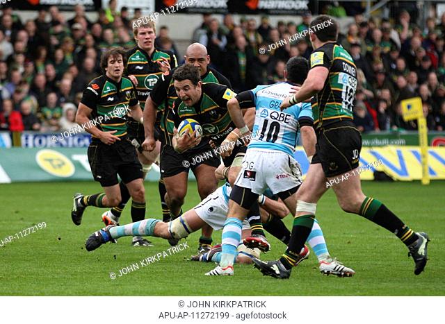 05 05 2012 Northampton, England Rugby Union Northampton Saints v Worcester Warriors Phil DOWSON of Northampton Saints is tackled by James PERCIVAL of Worcester...