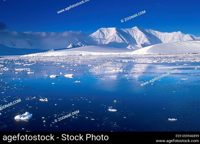 Panoramic view to Antarctica coastline mountains